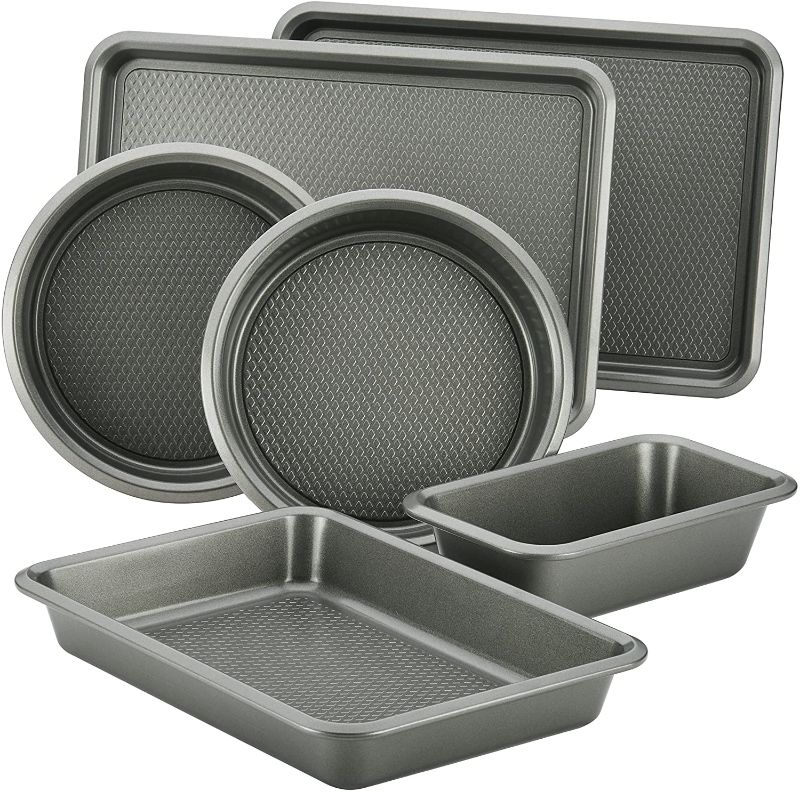 Photo 1 of Ayesha Curry Nonstick Bakeware Set with Nonstick Bread Pan, Cookie Sheet, Baking Pan, Baking Sheet and Cake Pans - 6 Piece, SIlver
