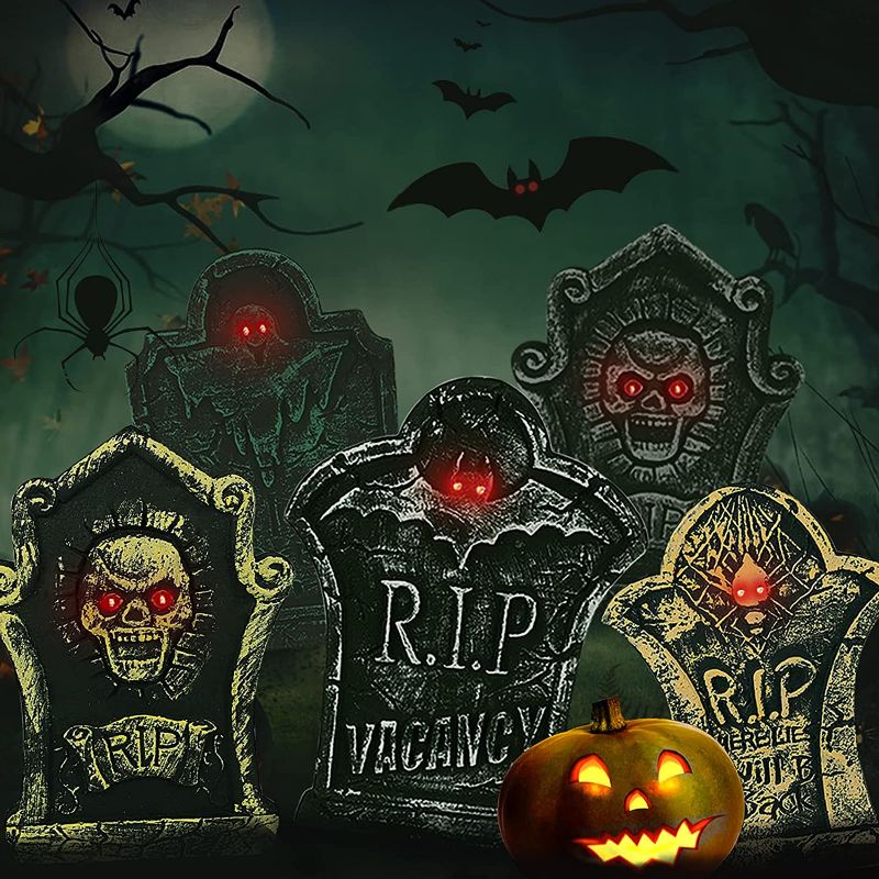 Photo 1 of Kidtion Halloween Foam Tombstones 5 PCS, Halloween Yard Decorations, Lightweight Halloween Lawn Decorations with Large Sizes & Diverse Styles, Lifelike Halloween Graveyard Decorations with LED Lights
