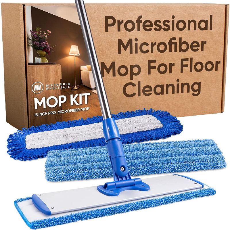 Photo 1 of 18" Professional Microfiber Mop - Hardwood Floor Mop - Dry & Wet Mop for Wood, Laminate, Tile, Vinyl Floors | Washable Pads | Wet & Dust Mopping | Adjustable Handle + 1 Microfiber Cloth
