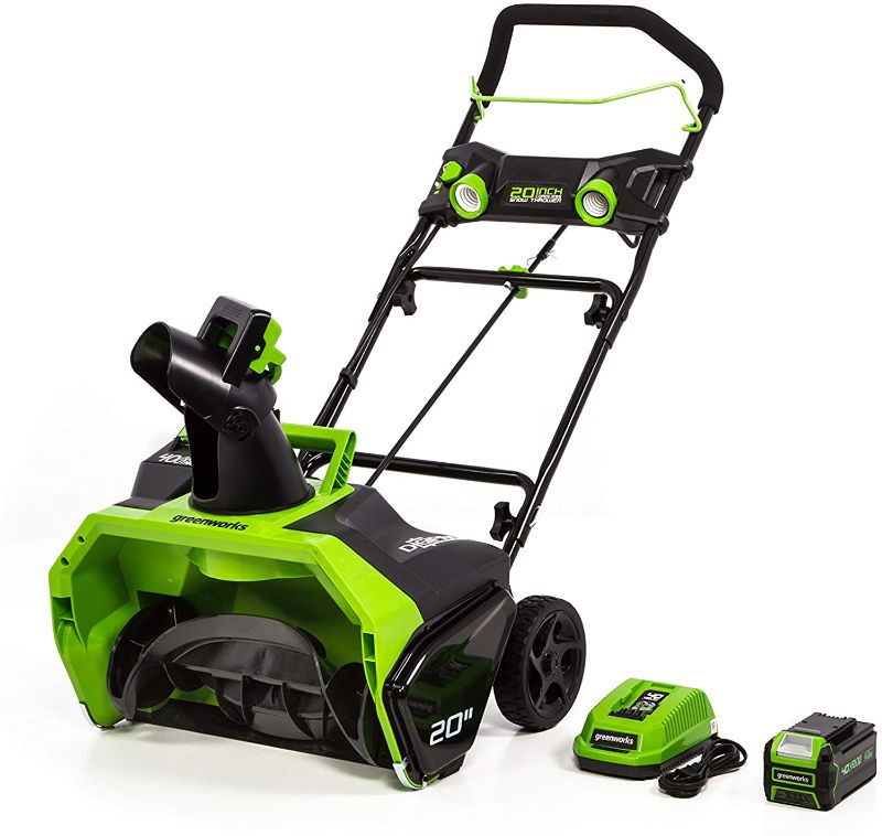 Photo 1 of Greenworks G-MAX 40V 20 in. Brushless Snow Thrower with 4Ah Battery and Charger, 26272
