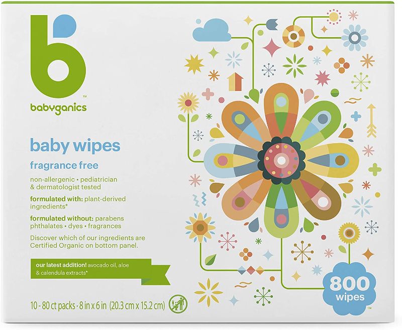 Photo 1 of Baby Wipes, Babyganics Unscented Diaper Wipes, 800 Count, (10 Packs of 80), Non-Allergenic and formulated with Plant Derived Ingredients
