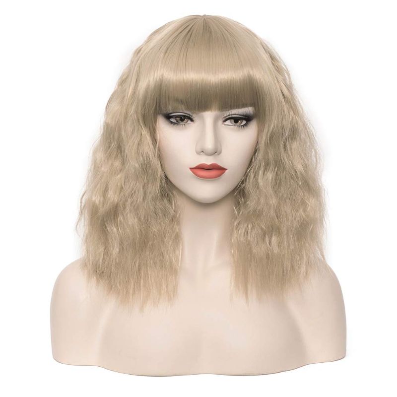 Photo 1 of BERON Flaxen Blonde Wig Afro Wig Shoulder Length Wig Blonde Afro Wig Curly Blonde Wig with Bangs for Women Cosplay Costume Wig Daily Flaxen Blonde Wig Synthetic Bob Wig (Flaxen Blonde)
