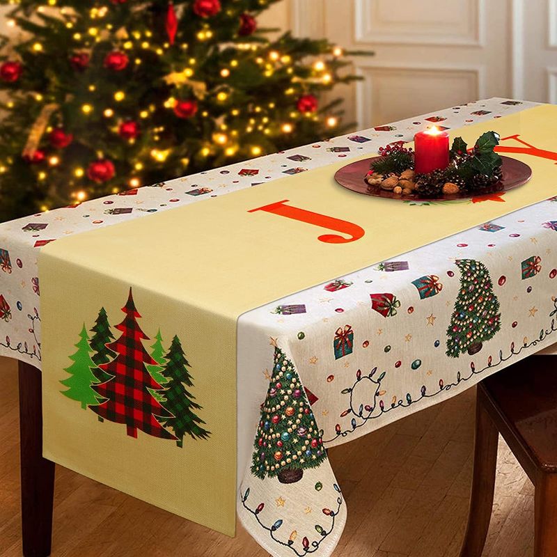 Photo 1 of BLEUM CADE Burlap Christmas Table Runners, Christmas Joy Table Runner for Home, Dining Room, Party, Holiday, Reindeer Rustic Table Runner Cover for Xmas, Cabinet Table Home Decorations, 14 x 72 Inch
