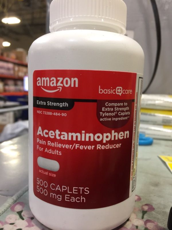 Photo 2 of Amazon Basic Care Acetaminophen Pain Reliever 500mg - 500 Caplets EXP 11/2022