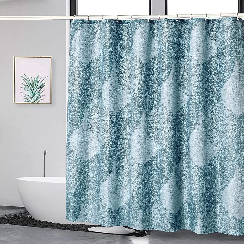 Photo 1 of Chermit Shower Curtains Traditional Leaf Shower Curtain Set, Waterproof Fabric Shower Curtains for Bathroom, Durable and Washable with 12 Plastic Hooks, 72X72 Inch, Cyan-Blue Leaves
