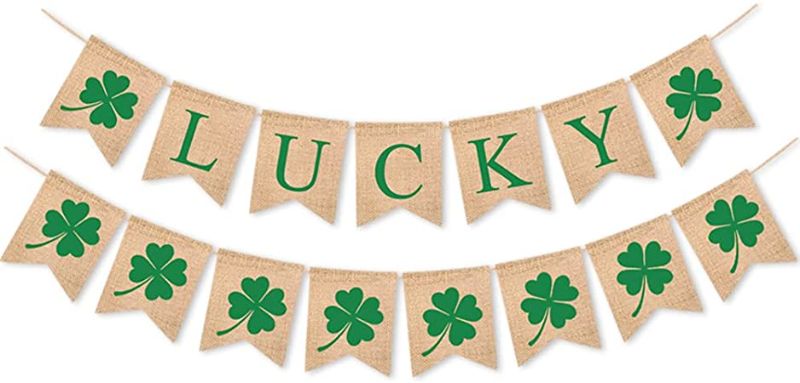 Photo 1 of 2 Pack St Patrick's Banner Burlap, Lucky Shamrock Burlap Garland Banners, St. Patrick's Day Decorations | Irish Lucky Day Home Decor | Mantel Fireplace Decor
