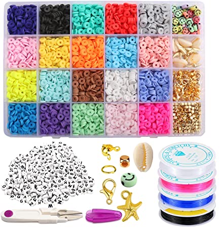 Photo 1 of 4620 Pcs Flat Clay Beads for Bracelets Jewelry Making Preppy Kit Set Spacer Polymer Heishi Disc Beads with Cute Smiley Face Beads for Girls Women Kids
