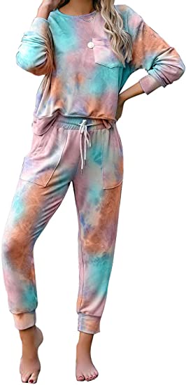 Photo 1 of LookbookStore Women's Cozy Tie Dye Printed Knit Loungewear Two Piece Sweatsuits Long Joggers Pajamas Set Size 2XL