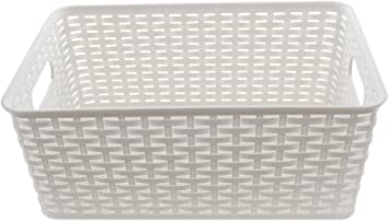Photo 1 of YBM Home Plastic Rattan Weave Basket, Storage Bins Organizer for Closet, Shelf, Kitchen, Pantry and Bathroom - Ideal for Makeup, Cosmetics, Hair Supplies, and Clothes, (Small, White)
( SLIGHT BENDING ON SIDES ) 