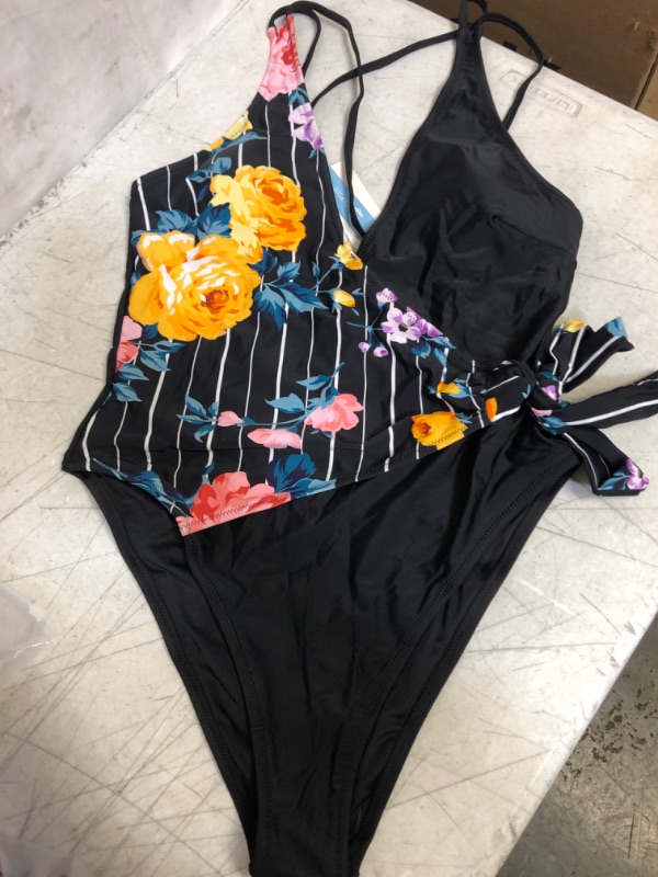 Photo 1 of WOMENS SWIMWEAR, 1PC  BLACK WITH FLOWERS, SIZE XL