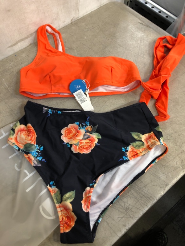 Photo 4 of Orange And Floral One Shoulder Tied Bikini---- SIZE L