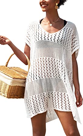 Photo 1 of CUPSHE Women's Cover Up Hollow Out Short Sleeve Knee Length, WHITE., SIZE L