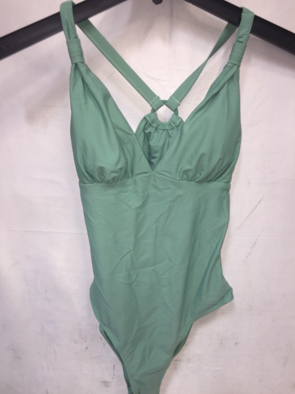 Photo 2 of CUPSHE Women's Ruched One Piece Swimsuit Green O Ring V Neck, SIZE S