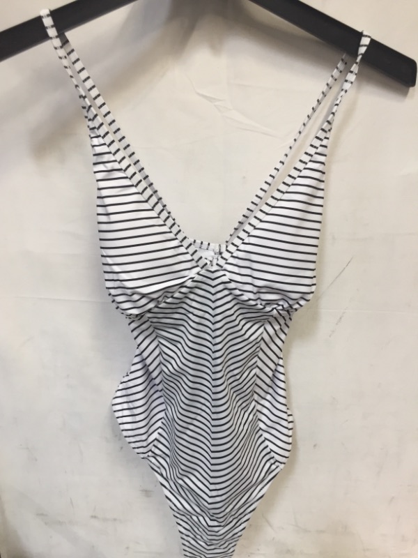 Photo 2 of Black And White Stripe V-neck One Piece Swimsuit, SIZE XL