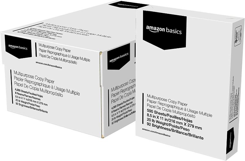 Photo 1 of Amazon Basics Multipurpose Copy Printer Paper - White, 8.5 x 11 Inches, 8 Ream Case (4,000 Sheets)
box is damaged - open from packaging 
