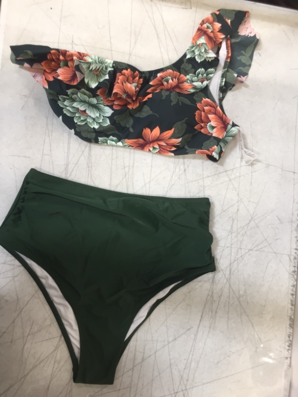 Photo 2 of CUPSHE Women's High Waist Green,  Bikini Swimsuit Ruffle One Shoulder Two Piece Bathing Suit, SIZE L 