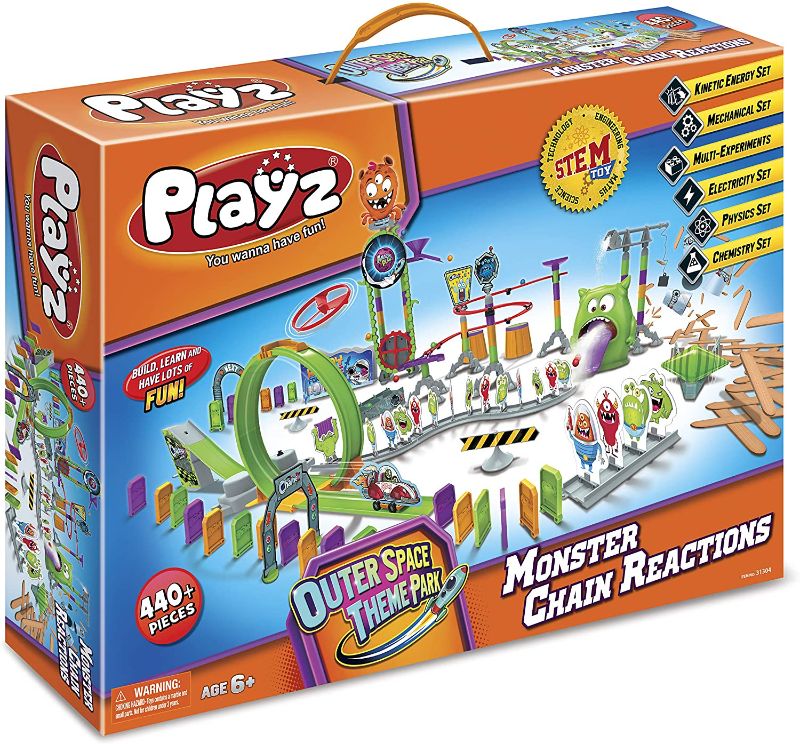 Photo 1 of Playz Monster Chain Reactions Marble Run Science Kit STEM Toy with Race Tracks for Boys &Girls, Kids Roller Coaster Toy Experiments, Outer Space Theme
