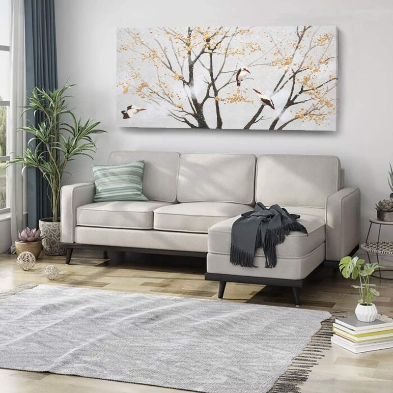 Photo 1 of amatop Extra Large Wall Art for Living Room Canvas Print with Hand-Painted Texture Nature Tree Birds Artwork Landscape Oil Paintings for Office Decor Gold Foil Ready to Hang 60x30inch
