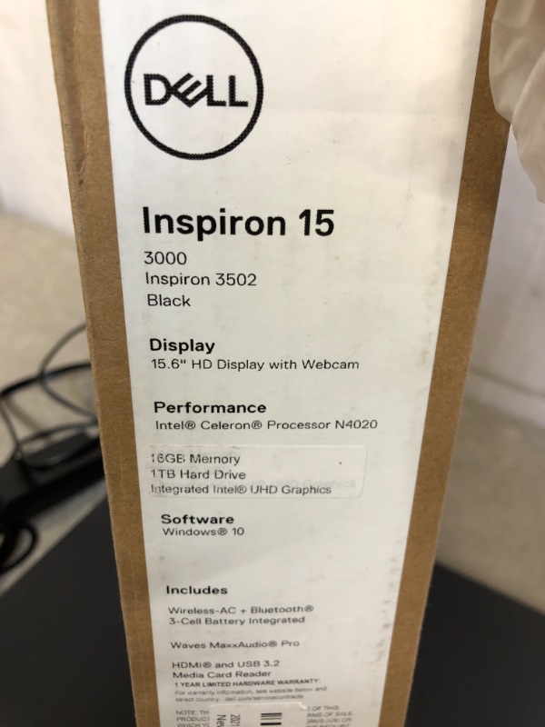 Photo 3 of Dell Inspiron 3000 Laptop 15.6 Non-touch Intel® Celeron® Processor N4020 Graphics 600 4GB DDR4 Memory 128GB SSD Hard Drive Windows 10 Home (S Mode)
