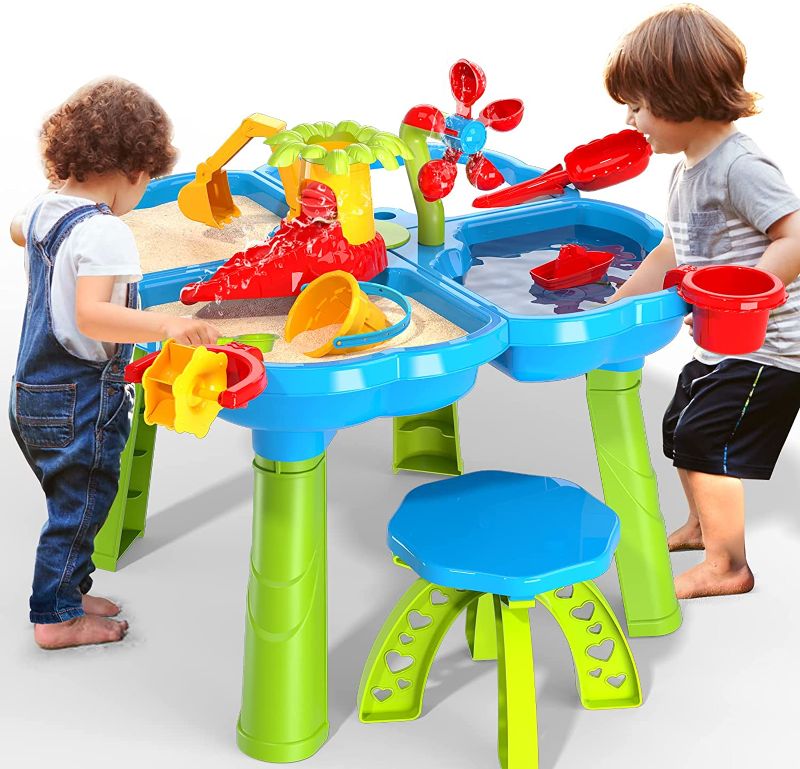 Photo 1 of TEMI 4-in-1 Sand Water Table, 32PCS Sandbox Table with Beach Sand Water Toy, Kids Activity Sensory Play Table Summer Outdoor Toys for Toddler Boys Girls

