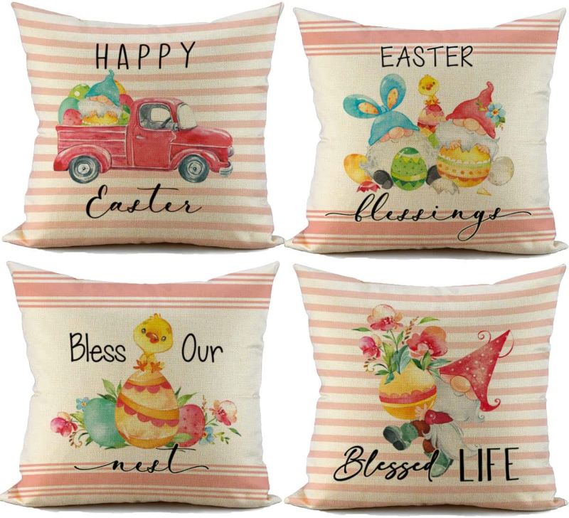 Photo 1 of FIBEROMANCE Easter Pillow Covers 18x18 Set of 4 Gnome Easter Decor for Home Happy Easter Eggs Truck Easter Pillows Decorative Throw Pillows Farmhouse Easter Decorations