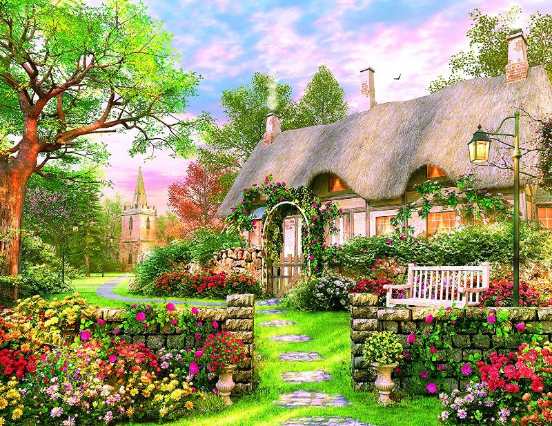 Photo 1 of 1000 Piece Puzzle for Adult 3D Visual Spring Jigsaw Puzzle Cottage Fall Landscape with Flower-Large Size 27.56” x 19.66”, Thicken Cardboard for Gift