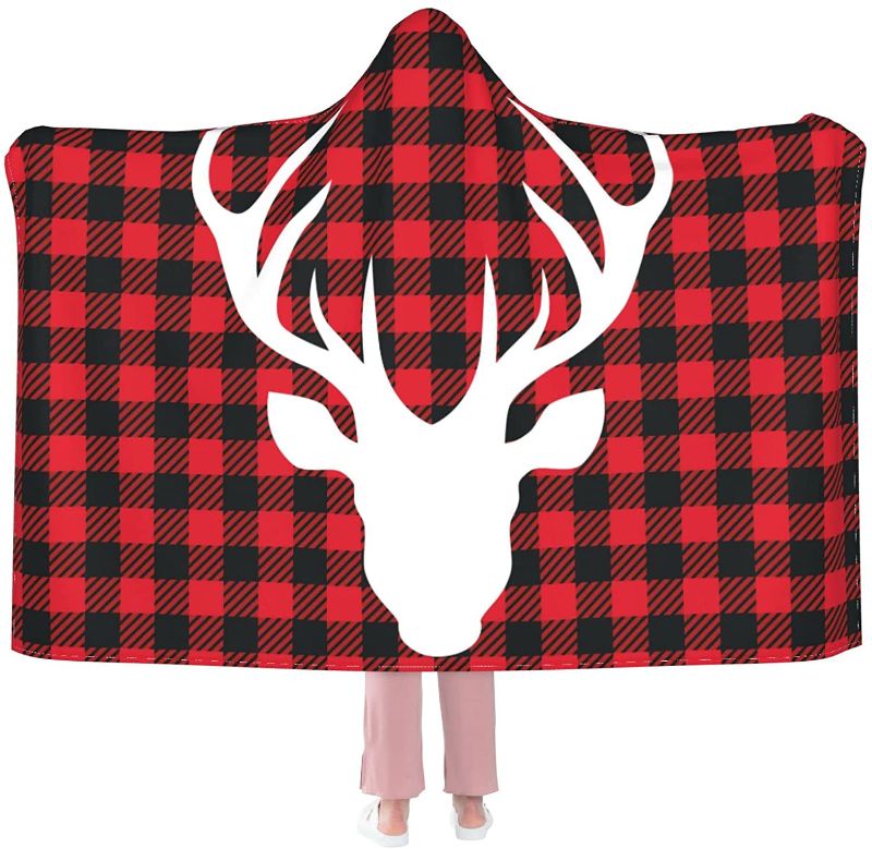 Photo 1 of Buffalo Check Hooded Blanket for Kids Adults, Red Checkered Plaid Flannel Wearable Blanket Hoodie for Bed Couch Travel Gift