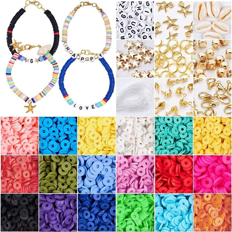 Photo 1 of 4800 Pcs Clay disc Beads, 6mm Flat Round Polymer Heishi Clay Spacer Preppy Beads Set for DIY Jewellery Earring Necklace Bracelet Craft Making with 120 Pcs Letter Round Beads A-Z