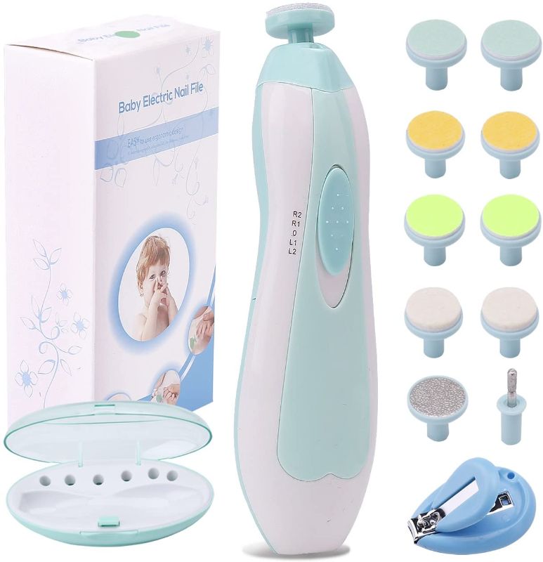 Photo 1 of Baby Nail File Electric Nail Trimmer Manicure Set with Nail Clippers, Toes Fingernails Care Trim Polish Grooming Kit Safe for Infant Toddler Kids or Women, LED Light and 10 Grinding Heads (White/Teal)