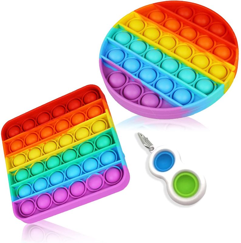 Photo 1 of 3 PACK - RainArco Push Pop Fidget Toy, Pack of 3, Fidget Toys for Teens, Bubble Pop Fidget, Stress Relief and Autism Needs, Rainbow Color Round and Pop Square with Key Ring, for Kids and Adults