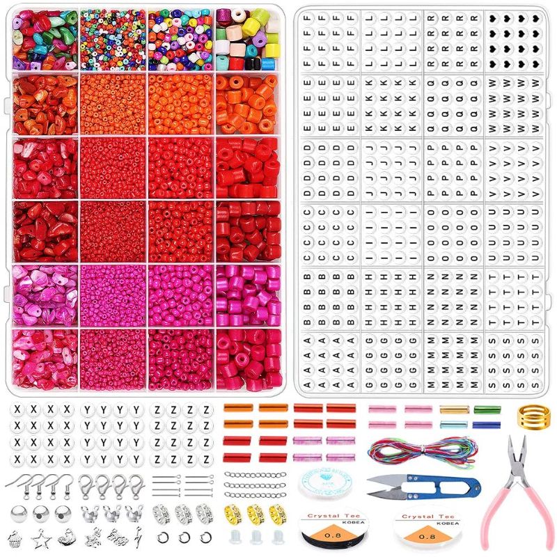 Photo 1 of Beads Jewelry Making Kit, Gacuyi Pony Glass Seed Beads Bugle Beads Crystal Chip Alphabet Letter Beads With Open Jump Rings Elastic String For Making Friendship Bracelet Earring DIY Art And Crafts Gift