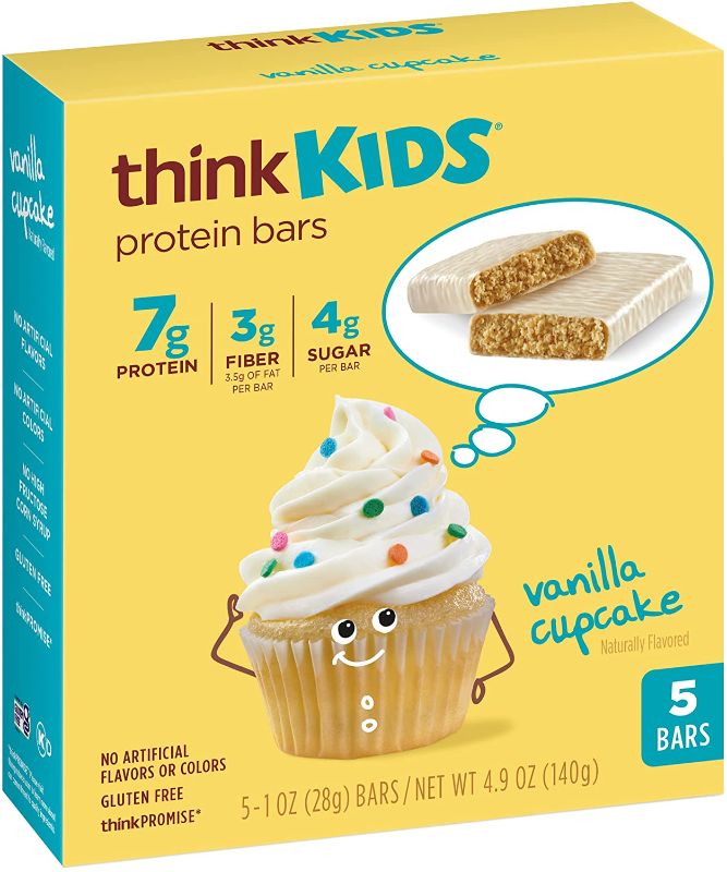 Photo 1 of 3 PACK -  thinkKIDS Protein Bars - Vanilla Cupcake 7g Protein, 3g Fiber, 4g Sugar, No Artificial Flavors or Colors,GMO Free*, 1 oz bar (5 Count) EXP DEC 2022