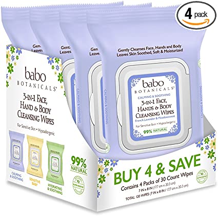 Photo 1 of Babo Botanicals Calming 3-in-1 Face, Hand & Body Cleansing Wipes - with French Lavender & Meadowsweet - For Babies, Kids & Adults with Sensitive Skin - 30 ct. - 4-Pack 
