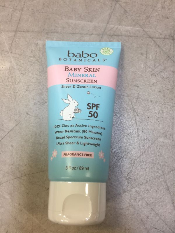 Photo 2 of Babo Botanicals Baby Skin Mineral Sunscreen Lotion SPF 50 Broad Spectrum - with 100% Zinc Oxide Active – Fragrance-Free, Water-Resistant, Ultra-Sheer & Lightweight - 3 fl. oz. -- EXP 03/2023

