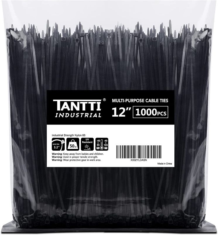 Photo 1 of Zip Ties 12 inch Black Zip Ties 1000 pack, Premium Nylon Plastic Ties with 50lbs Tensile Strength, UV Resistant Cable Ties, Self-locking Wire ties for indoor and outdoor use, by TANTTI
