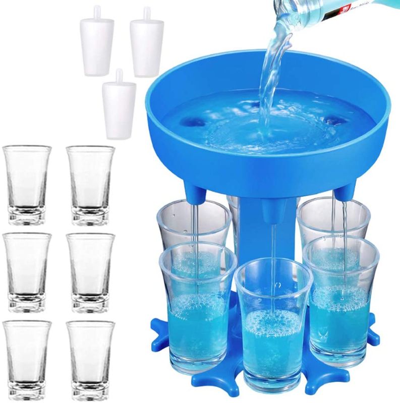 Photo 1 of XBrand 6 Shot Glass Dispenser and Holder(Including 6 Glasses),Bar Shot Dispenser,Cocktail Dispenser,Multiple 6 Shot Dispenser For Filling Liquids,Carrier Liquor Dispenser Drinking Tool (Blue)
