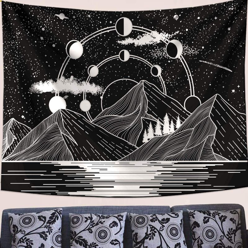 Photo 1 of Zussun Mountain Moon Tapestry Stars River Black and White Art Tapestry Wall Hanging Home Decor (35" x 47")
