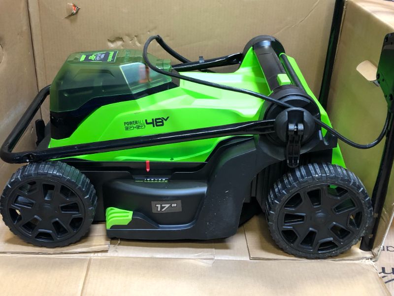 Photo 6 of Greenworks 48V 17" Brushless Cordless Lawn Mower + 24V Brushless Drill / Drive---MISSING  1 battery and manual --PARTS ONLY