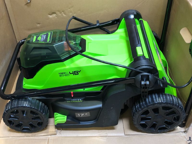 Photo 10 of Greenworks 48V 17" Brushless Cordless Lawn Mower + 24V Brushless Drill / Drive---MISSING  1 battery and manual --PARTS ONLY