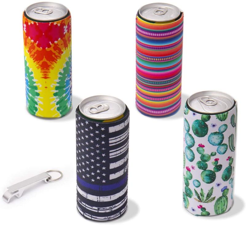 Photo 1 of Can Cooler Sleeves - HIFEOS Colorful Neoprene Sleeves Fit for 12 oz Slim Beer, 4 Pcs Soft Insulator Beer Coolies Covers with Can Opener (4-A) FACTORY SEALED