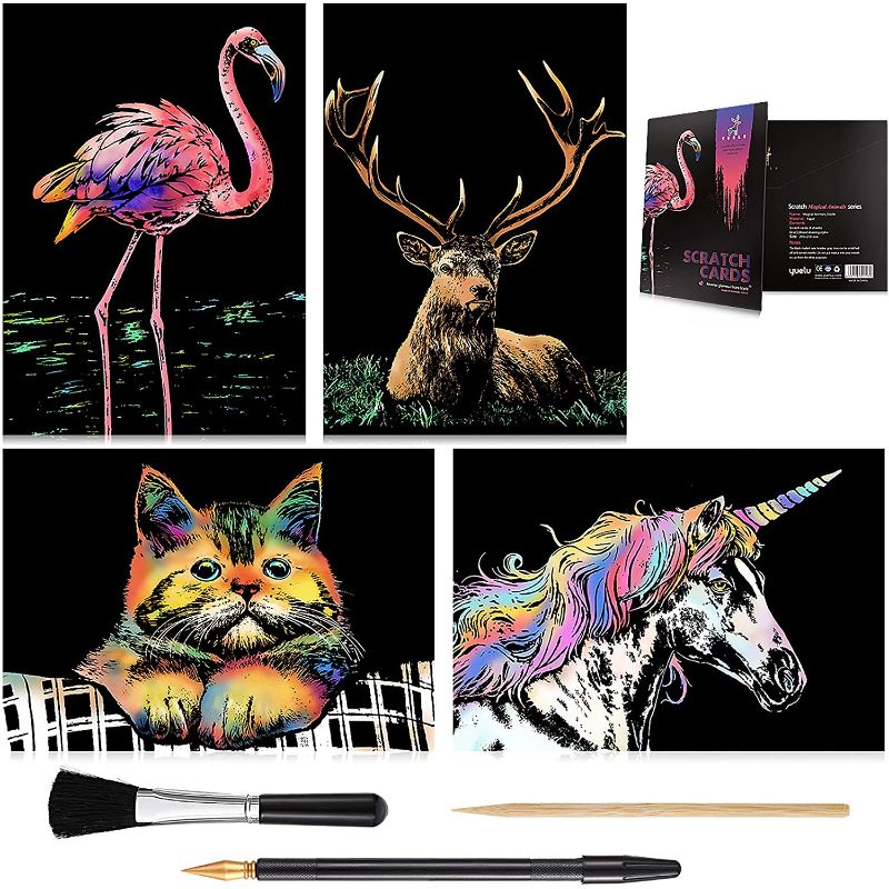 Photo 1 of Scratch Art Paper(A4) for Kids & Adults, Rainbow Painting Night View Scratchboard, Art Craft, Crafts Set: 4 Scratch Cards