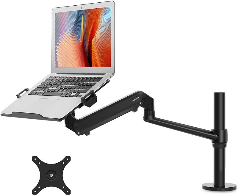 Photo 1 of viozon Monitor/Laptop Mount, Single Gas Spring Arm Desk Stand/Holder for 17-32" Computer Monitor, Extra Laptop Tray Fits 12-17" Laptops/Notebook(1S-Prob)
