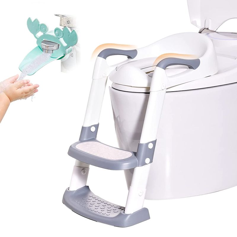 Photo 1 of Potty Training Seat with Ladder for Kids, Toddler Toilet with Adjustable Step Stool, Comfortable Safe Potty Chair with Anti-Slip Pads & Handle, Potty Training Kids Toilet Seat for Boys & Girls Grey
