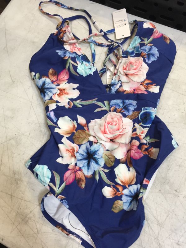 Photo 2 of Blue Floral Strappy One Piece Swimsuit LARGE