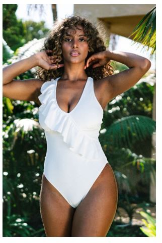 Photo 1 of Alyson White Ruffle Double Crisscross Straps One Piece Swimsuit LARGE