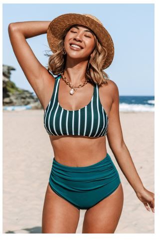 Photo 1 of Teal And White Striped High Waisted Bikini LARGE