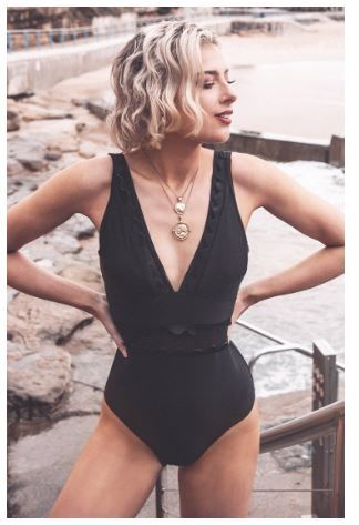 Photo 1 of Solid Black V-Neck One Piece Swimsuit SMALL