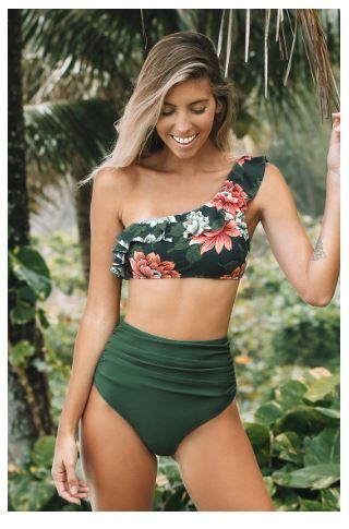 Photo 1 of Dark Green Floral One Shoulder Ruffle High Waisted Bikini small