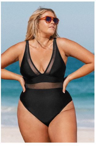 Photo 1 of Omniscient Solid Mesh Panel Plus Size One Piece Swimsuit 0X