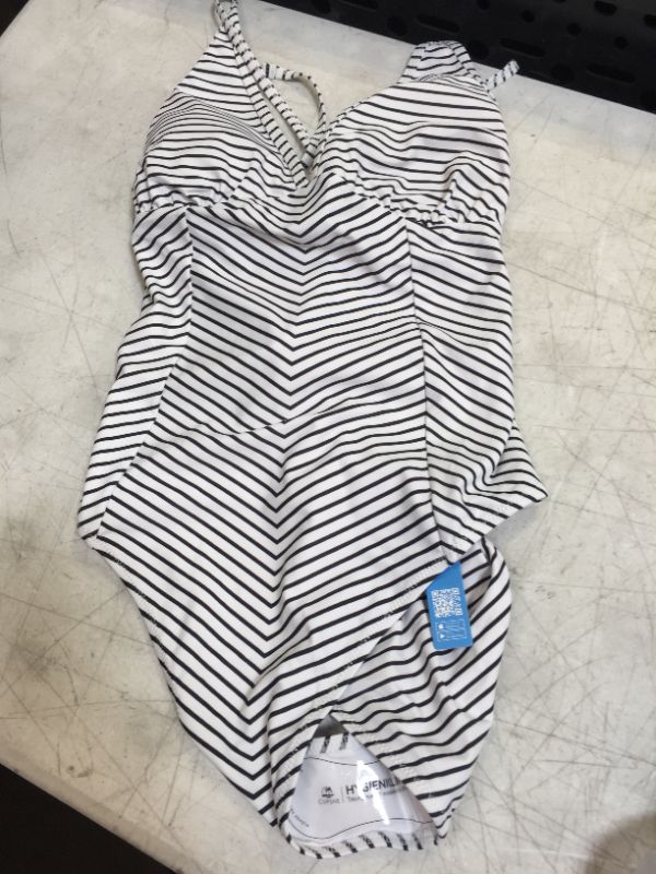 Photo 2 of Black And White Stripe V-Neck One Piece Swimsuit LARGE